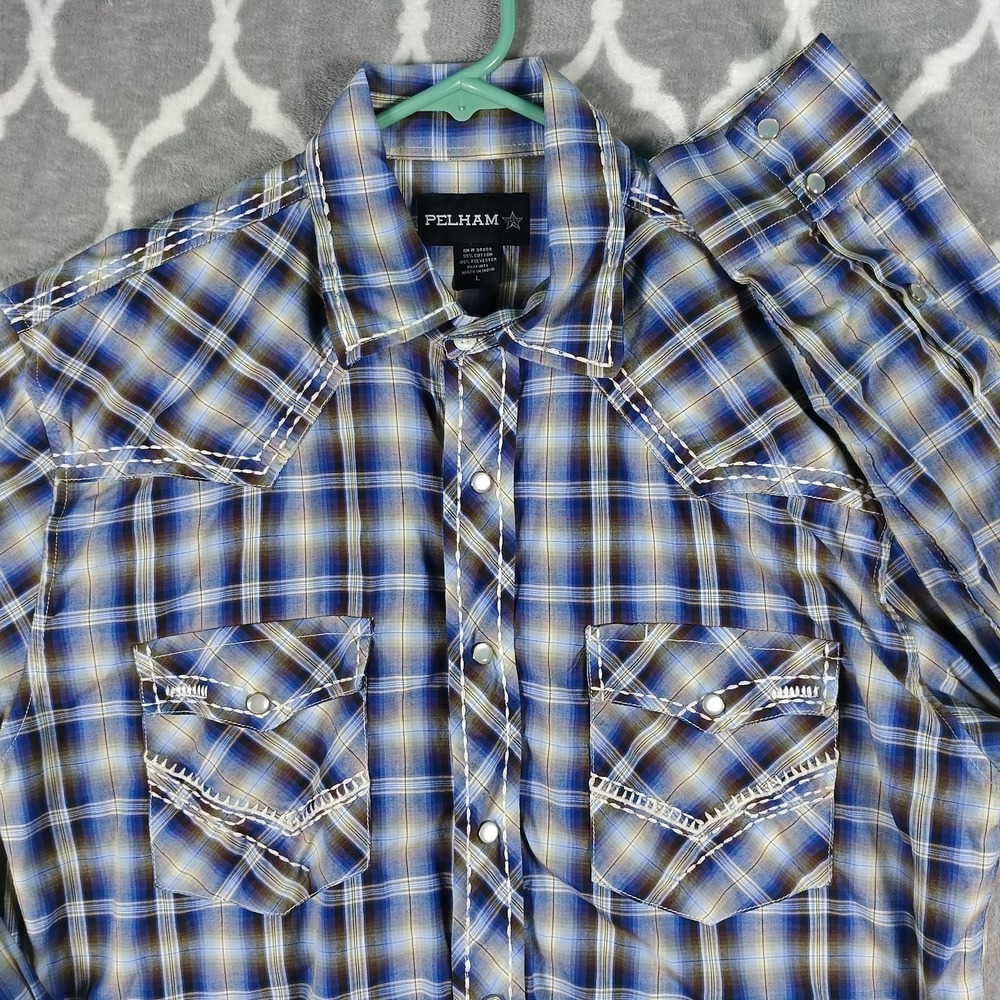 Pelham Western Shirt Men Sz Large Blue Brown Shadow Plaid Pearl Snap Whipstitch